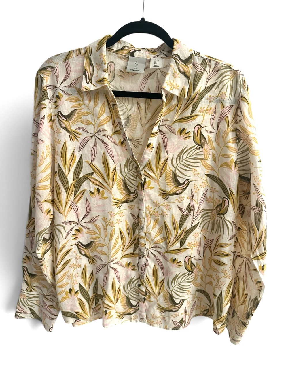 Joie 100 Percent Linen Button-Up Blouse — Botanical Floral